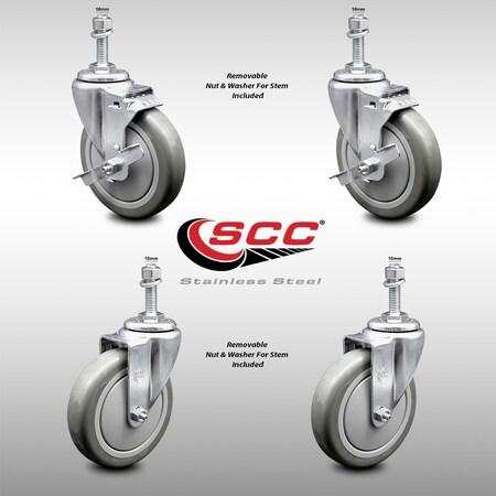 Service Caster 5 Inch SS Gray Polyurethane Swivel 10mm Threaded Stem Caster Brake SCC, 2PK SCC-SSTS20S514-PPUB-TLB-M1015-2-S-2